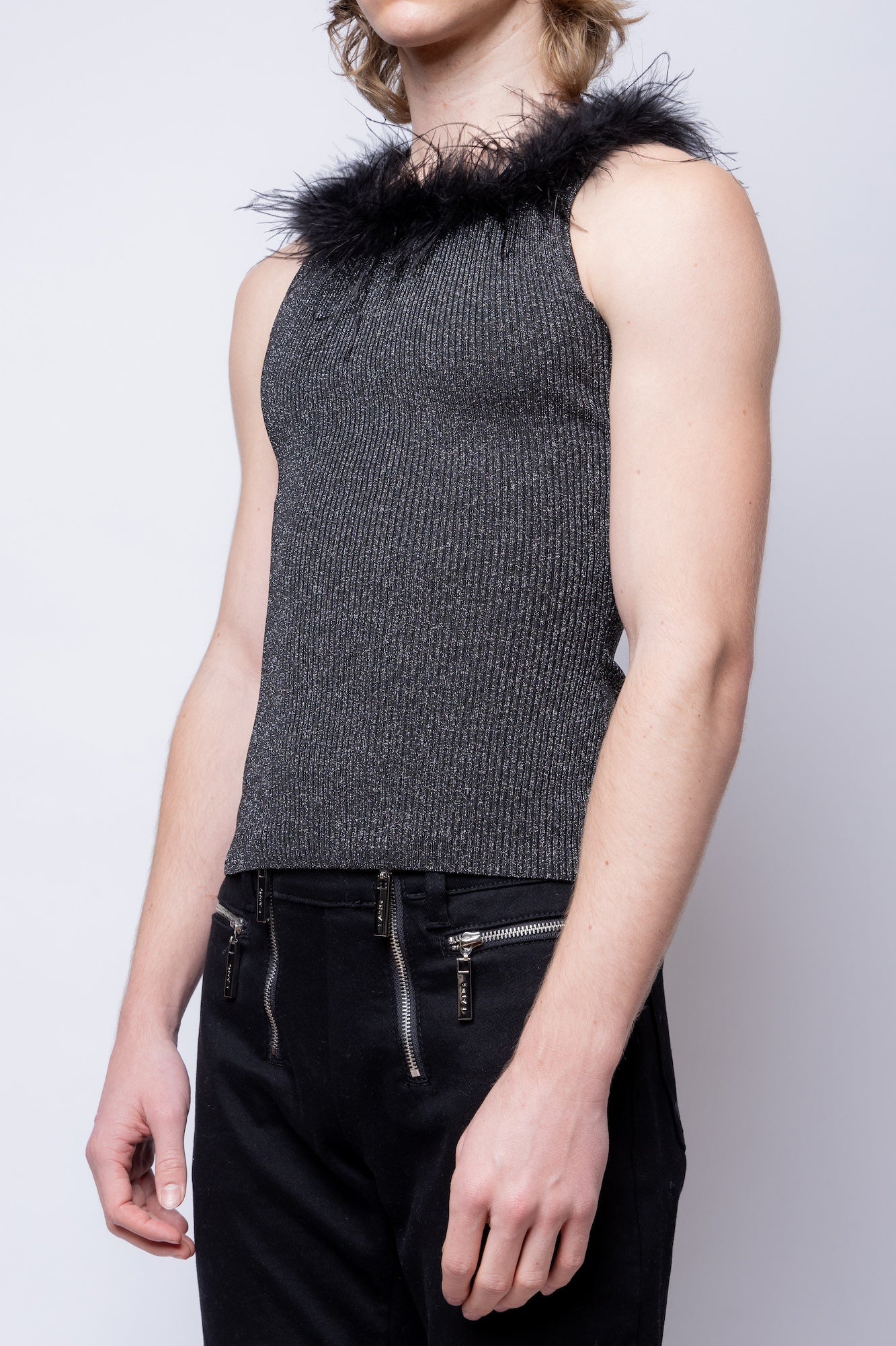 Lurex Square Neck Feather Tank