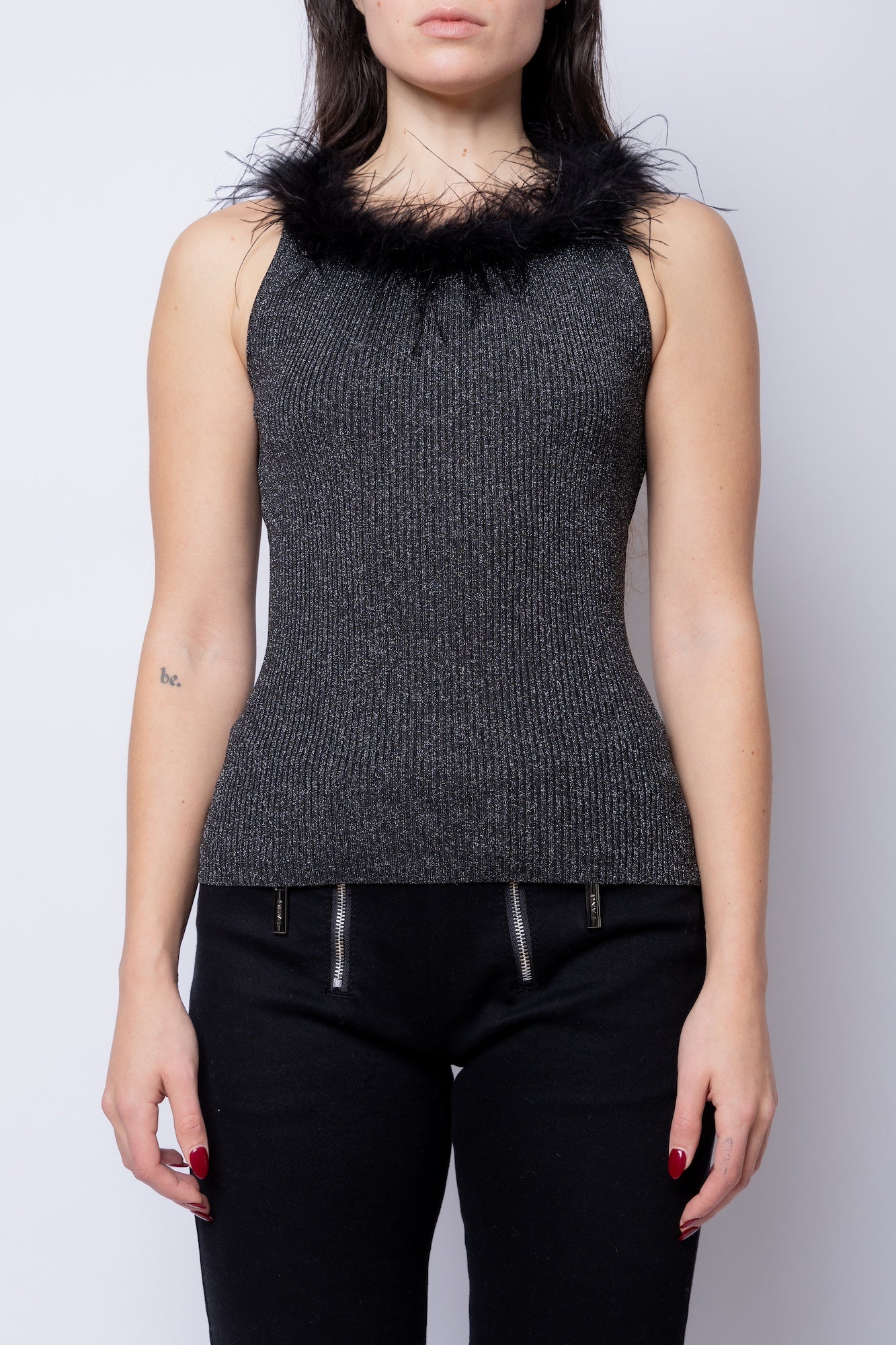 Lurex Square Neck Feather Tank