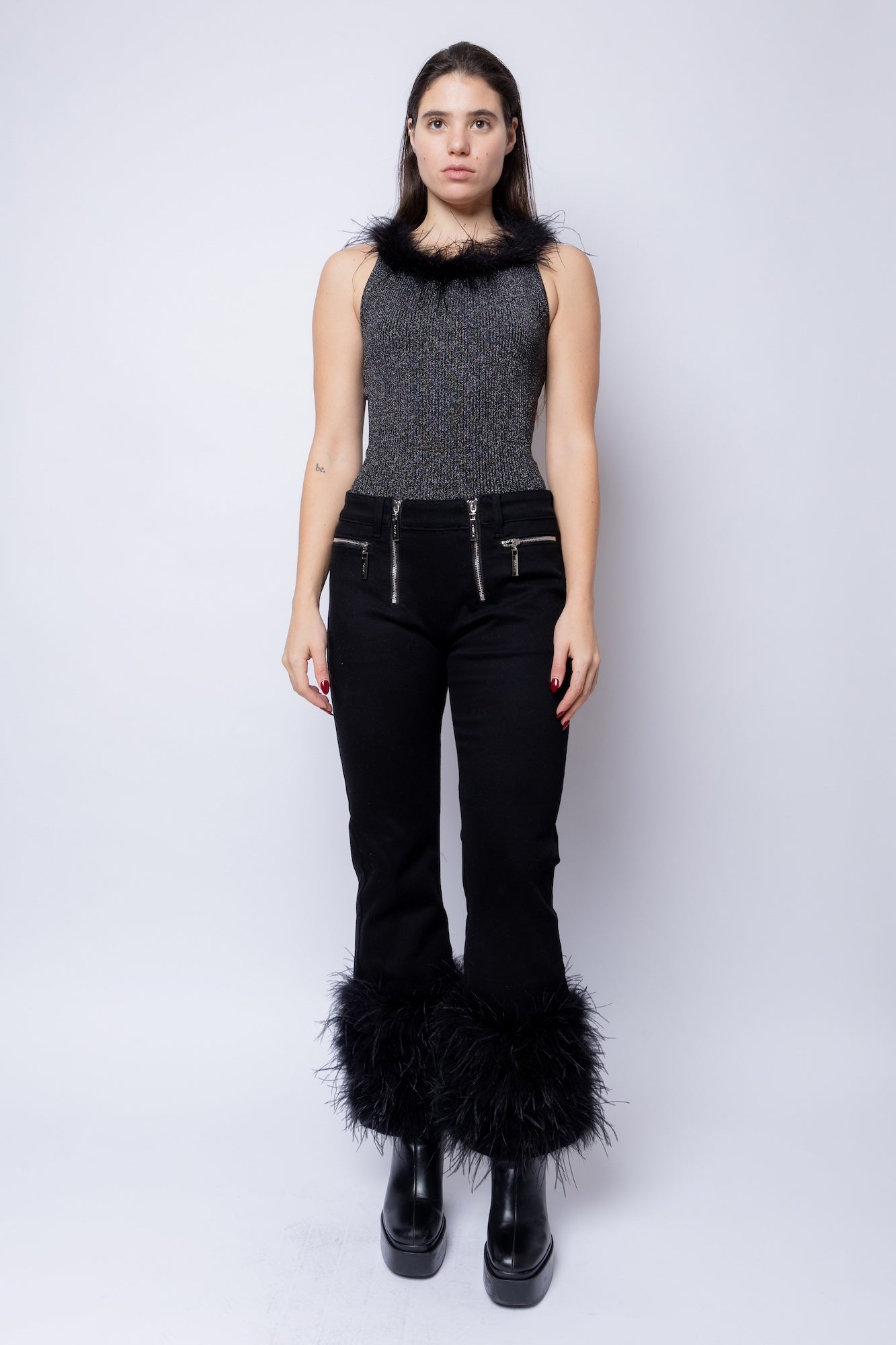 Lurex Square Neck Feather Tank