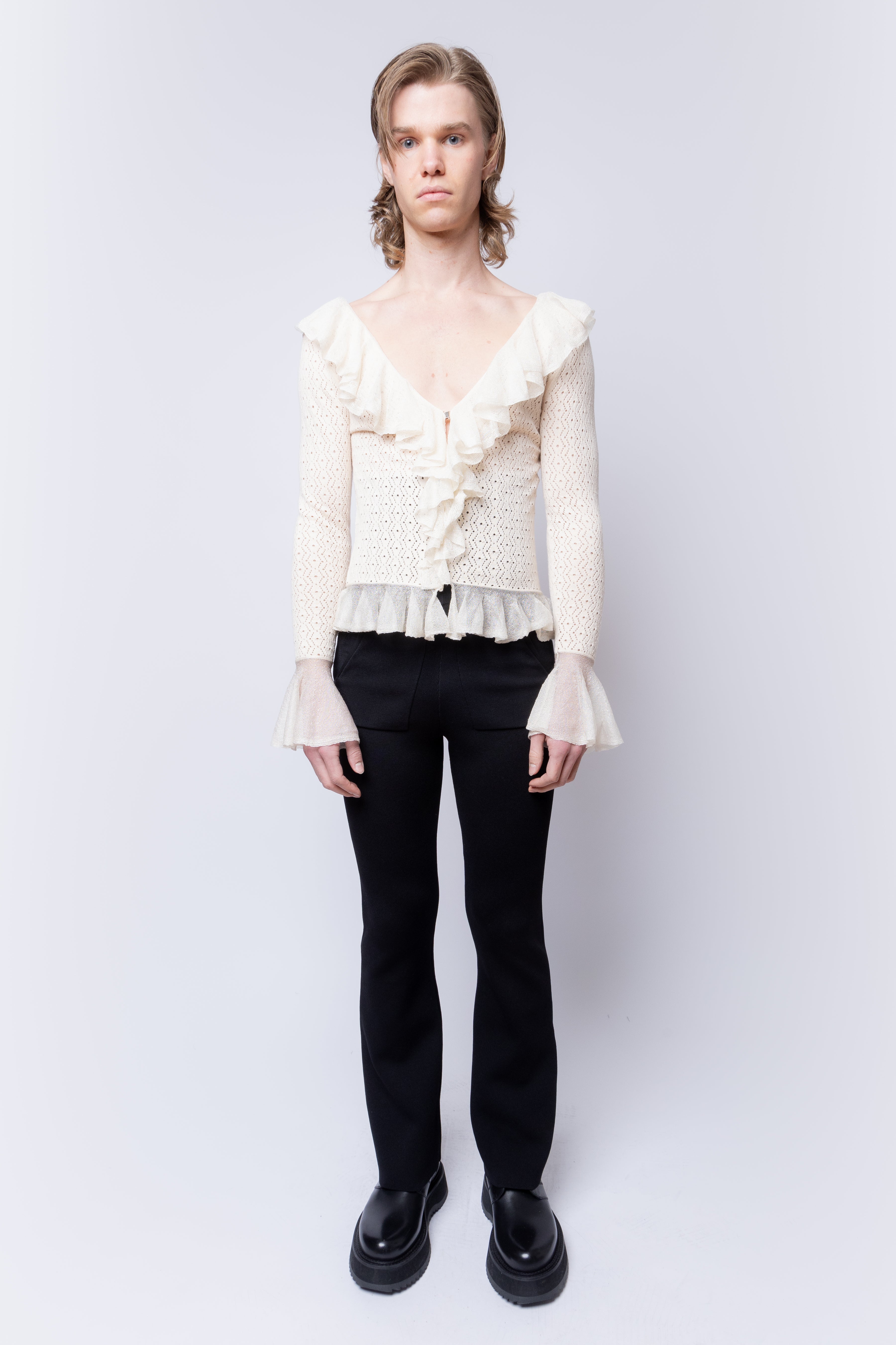 Pointelle Cardigan with Ruffles