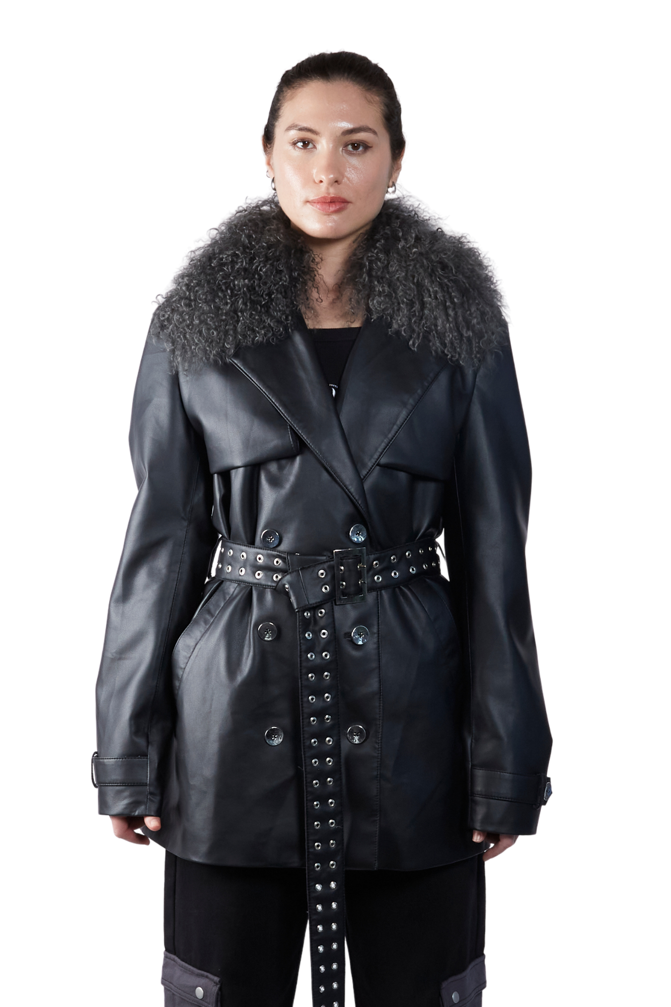 Faux Leather Wave Trench Coat