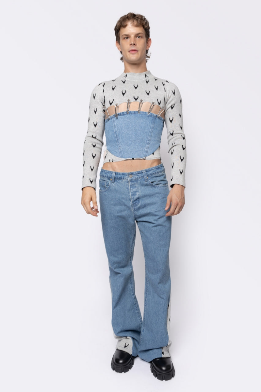 Jacquard Knit/ Denim FANG Long Sleeve Top