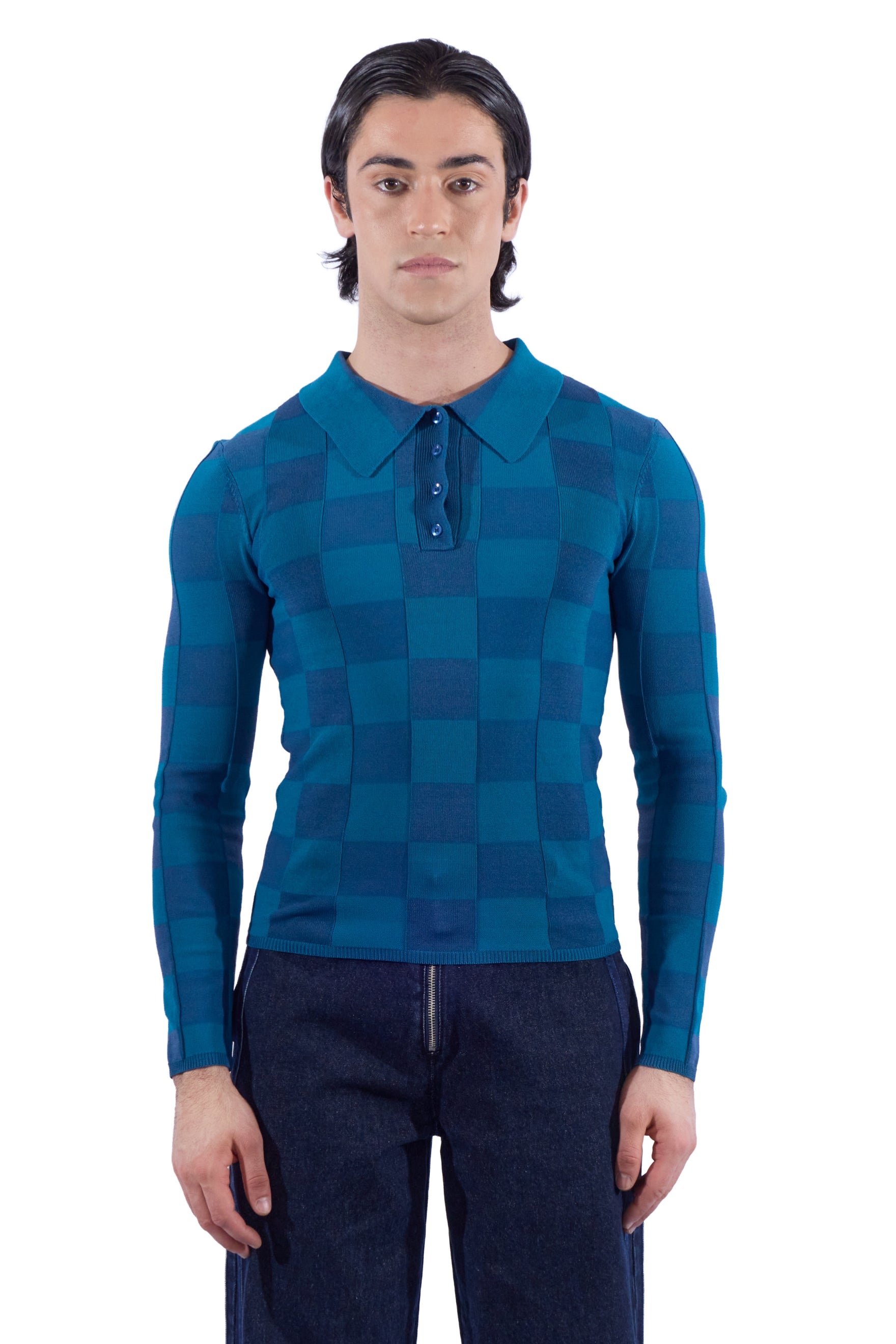 Checkered Knit Collared Long Sleeve