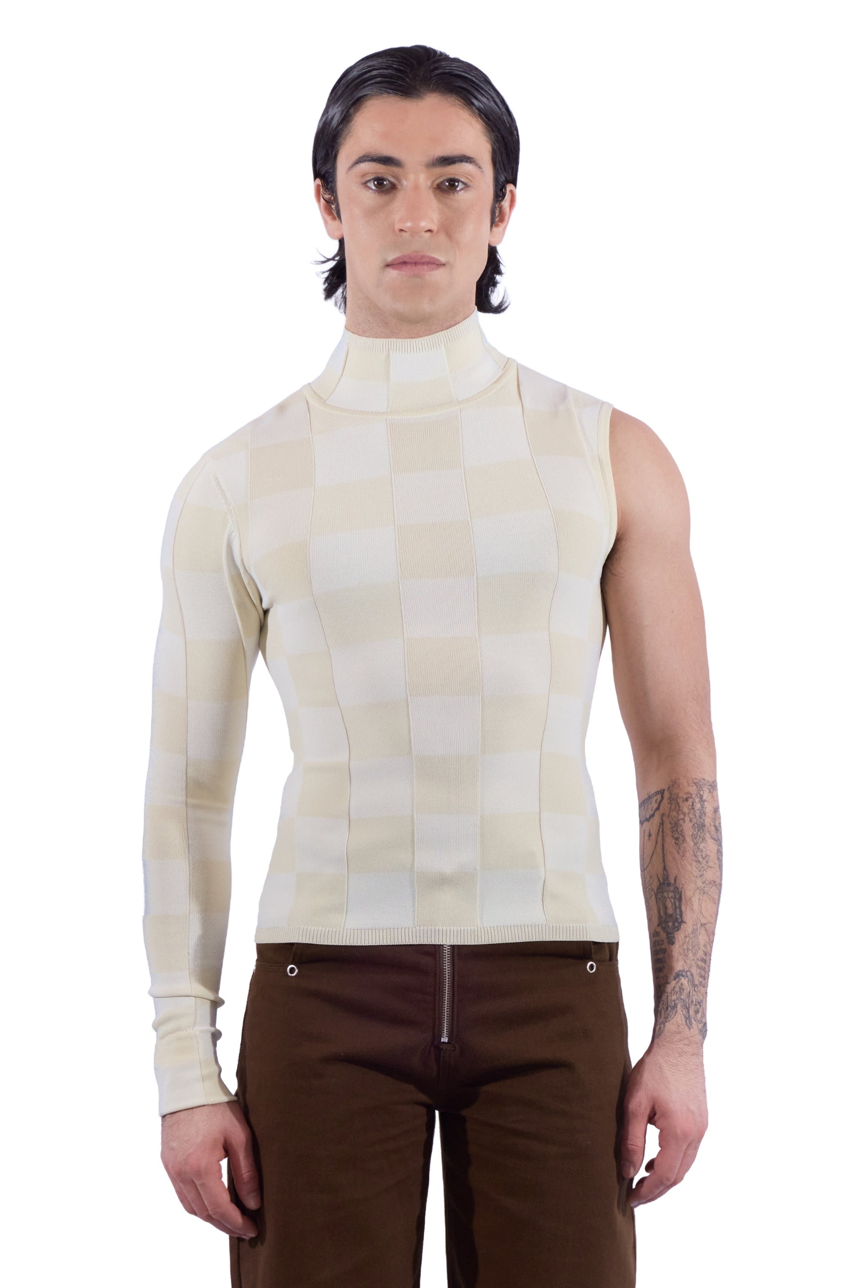 Checkered One Sleeve Knit Top