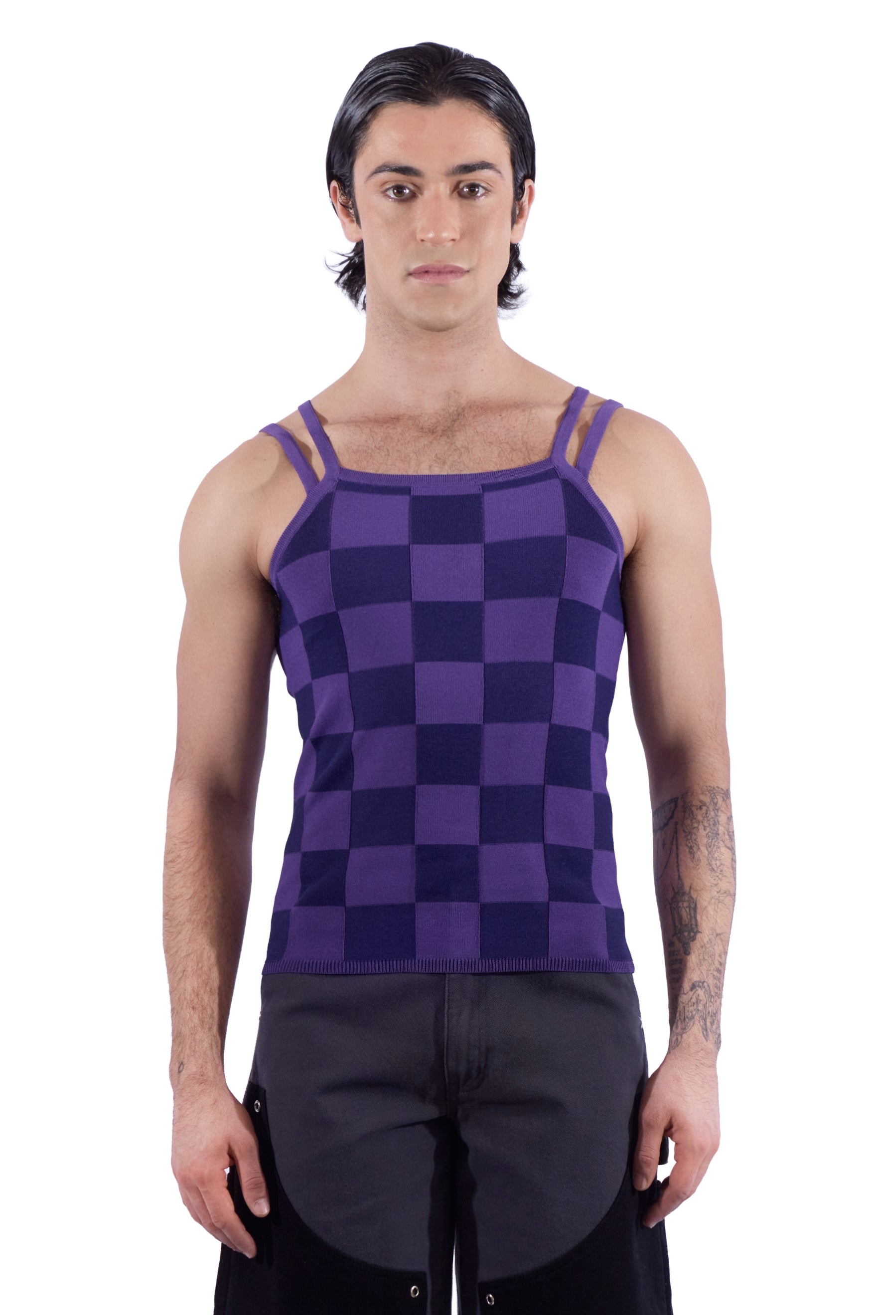 Checkered Knit Double Strap Tank