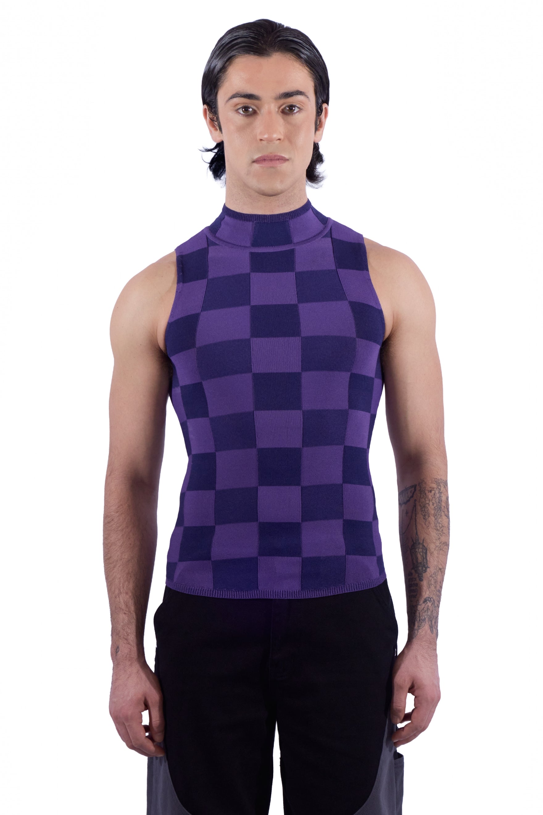 Checkered Knit Mock Neck Top