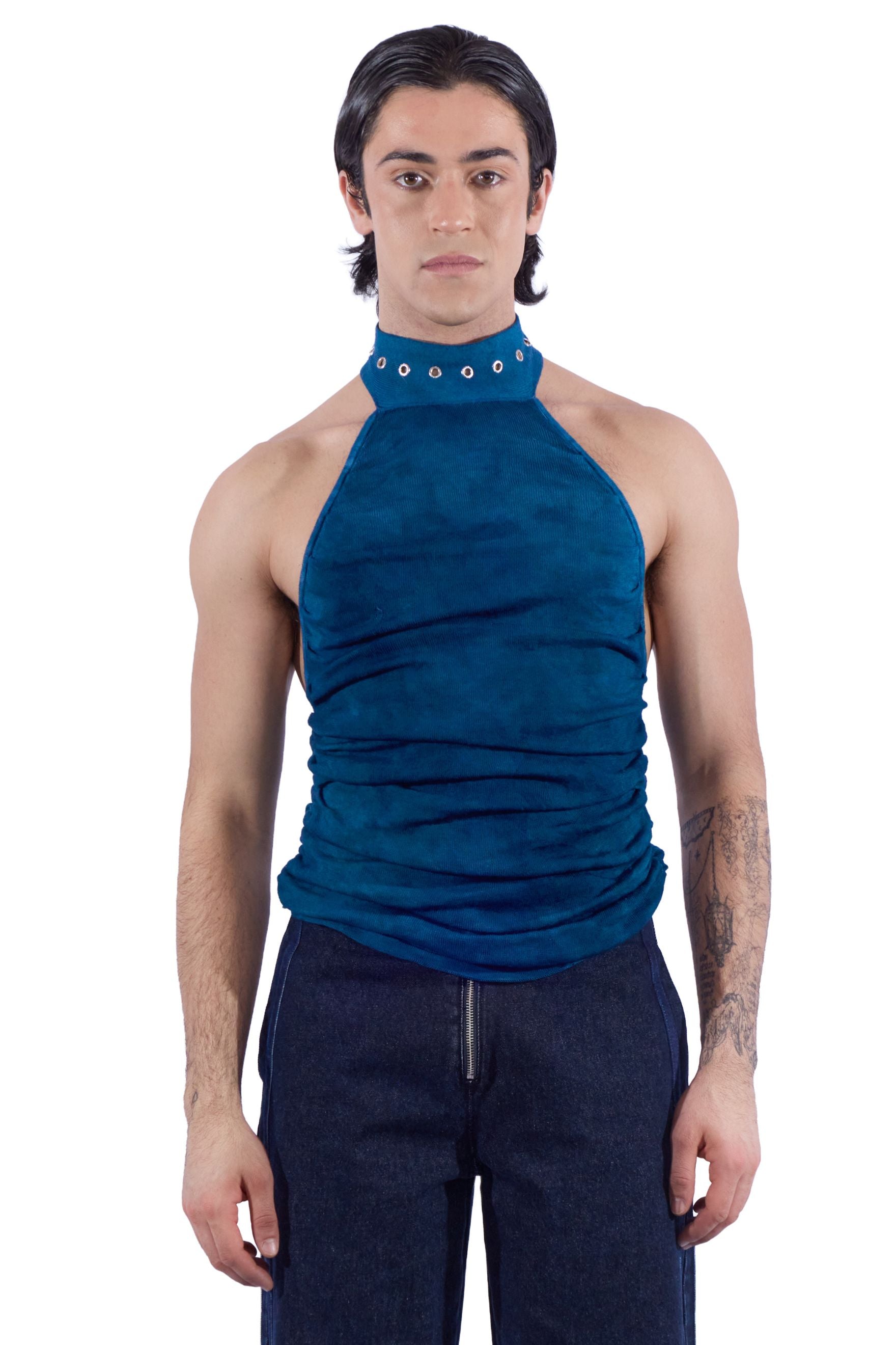 Sheer Grommeted Choker Sleevless Knit Raglan Top
